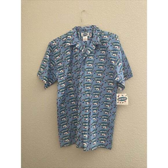 Vintage Nerds Candy Button Up Short Sleeve Collared Blue Shirt Men's Size L - Picture 1 of 14